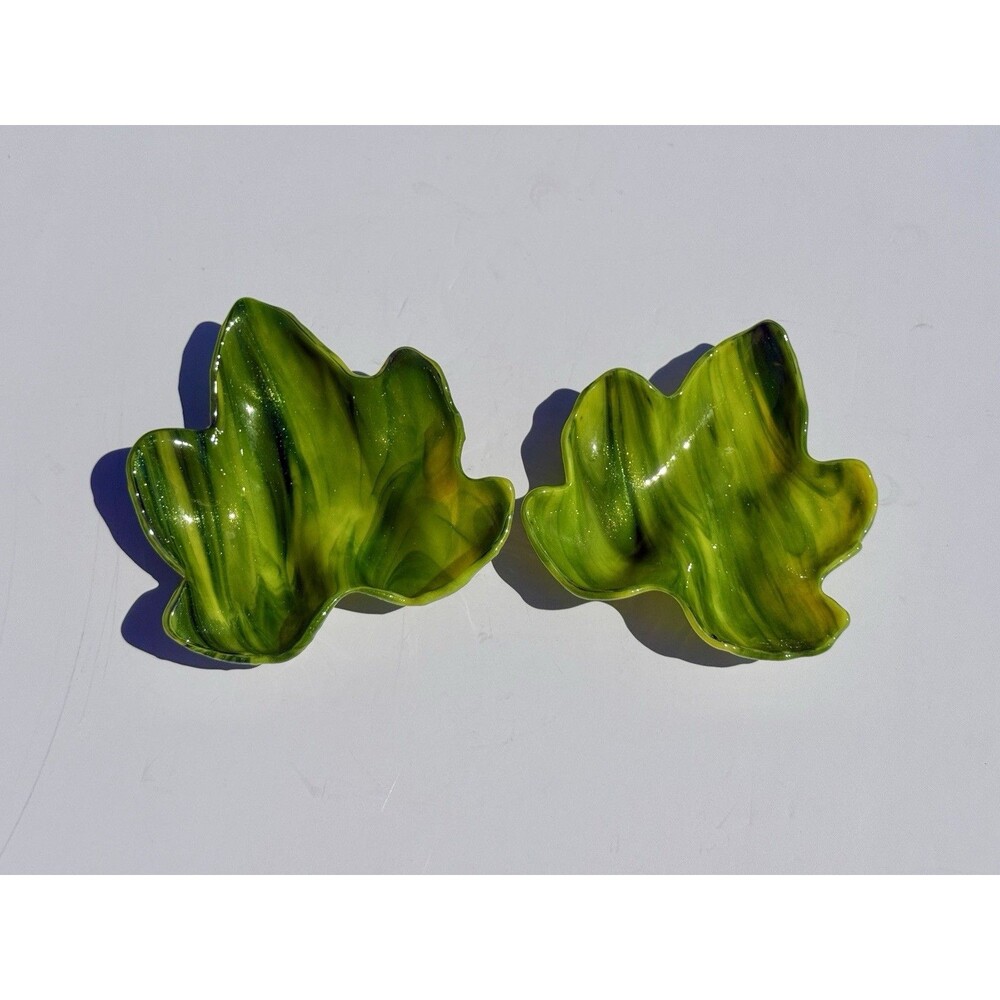 Pair Of  Nesting Vintage Green Marbled Glass Leaves Candy Trinket Dish Retro MCM
